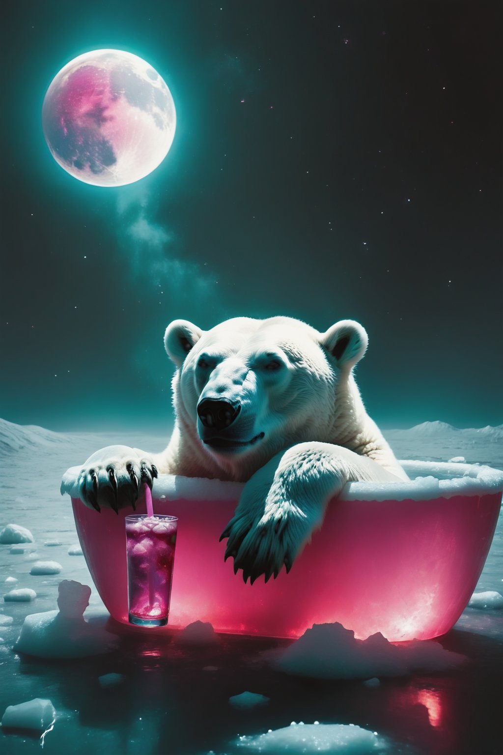 wide angle,Long distance shot, side view of the body ,The polar bear is lying sideways in a bathtub full of ice cubes, holding a pink drink in its hand.Ice covered his body,
on the moon, photo,Sad and lonely atmosphere,Planet horizon, space nebula,Panorama