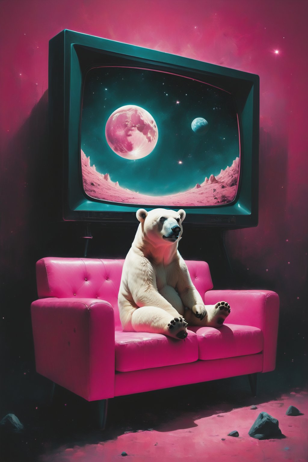 A polar bear sitting on a retro sofa watching an old TV set from the 1980s, lonely, full body,wide angle, long shot,side view,on the moon.  Behind the polar bear , there's a galactic pink view of Earth from space, with the planet appearing to be exploding. The vastness of space is filled with stars, explosion fragments, and the moon's surface is dotted with rocks and craters., photo,