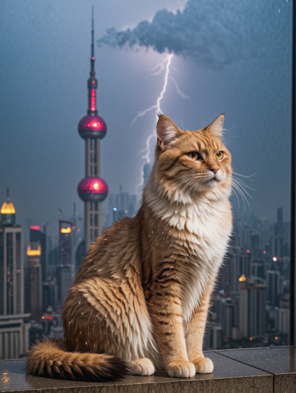 A cinematic masterpiece! A long shot captures the majestic scene: a colossal cat sprawled atop the Oriental Pearl Tower in Shanghai, umbrella in paw, as thunderstorms rage above and rain pours down. The cat's fur glistens with dew, while its eyes shine like polished onyx. In the background, city lights twinkle like diamonds. The framing emphasizes the tower's sleek curves, as a delicate balance of light and shadow defines the scene. Each strand of fur, each drop of rain, is meticulously rendered in high-definition, inviting the viewer to step into this extraordinary world.,<lora:659095807385103906:1.0>