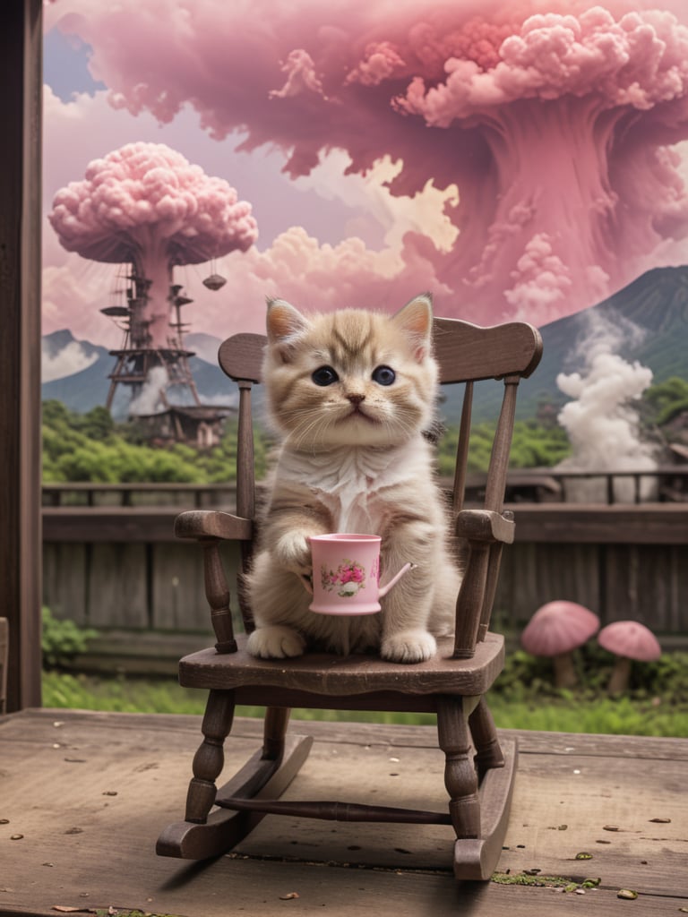 Film lighting,A cute kitten is sitting on an old-fashioned wooden rocking chair, holding a cup of pink drink leisurely, with a calm and calm expression. But what is disturbing is that a historic tragedy is taking place behind the cat - a huge mushroom cloud rises in the sky, which is the scene of the explosion caused by the dropping of the atomic bomb in Hiroshima, Japan.
 (Masterpiece, award-winning work) many details, extremely meticulous, high quality,  real photo shot, art composition,more detail XL,,,<lora:659095807385103906:1.0>