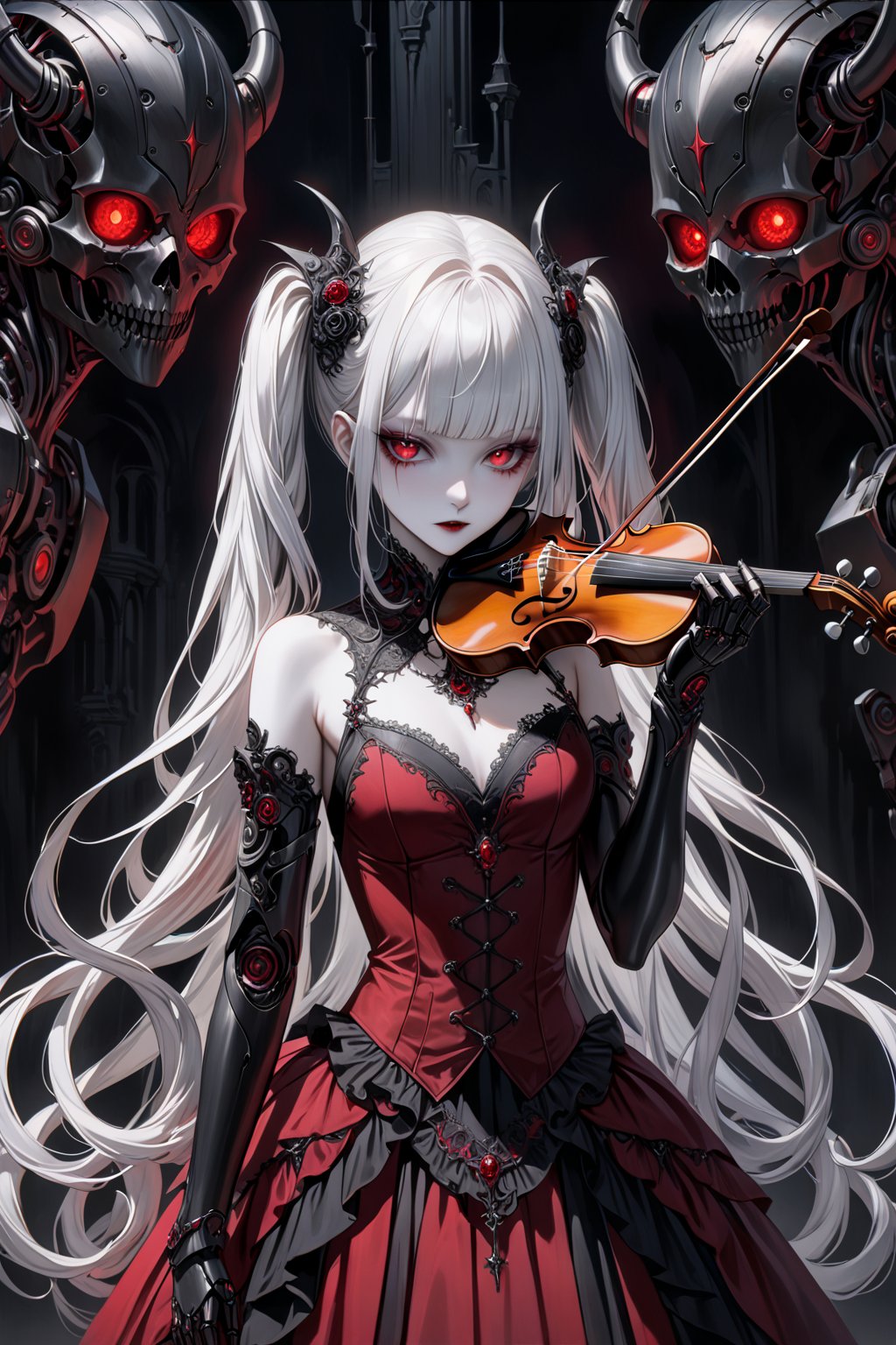 (masterpiece,ultra detailed,high-quality,8k,professional,UHD,)Gothic theme, dark theme, gothic makeup,hair ornaments, long white hair,(blunt  bangs, curly hair,twin ponytails),red eyes,ruby-like eyes , A  girl,, albino demon princess,  evil mechanical body exudes an eerie beauty. Her pale skin contrasts with her intricate, dark, metallic limbs and torso, adorned with sinister gears and glowing red eyes. This chillingly beautiful figure commands a presence that is both mesmerizing and terrifying.,sad, mechanical arms,playing the violin