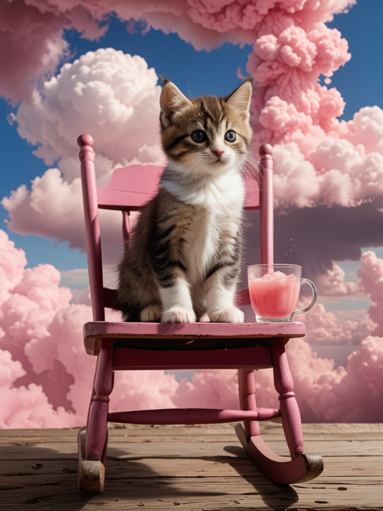Film lighting,  A cute kitten sits on an old-fashioned wooden rocking chair,  holding a cup of pink drink. Behind the cat...
