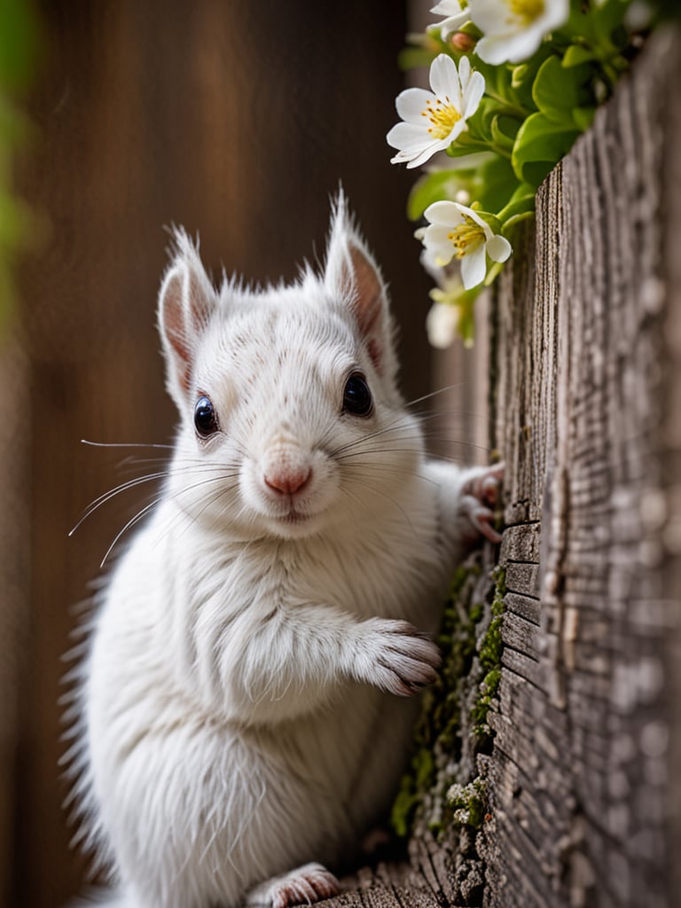 A delicate, miniature white squirrel peeks from behind a weathered wooden wall, its big, bright eyes shining like tiny stars. The surrounding flowers bloom softly in the bokeh background, with a shallow depth of field emphasizing the subject's intricate details. The warm, natural light casts a gentle glow on the squirrel's fluffy fur, as it gazes out at us from behind the wall.,<lora:659095807385103906:1.0>