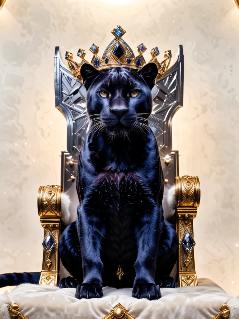 cinematic lighting,A Black panther,Wearing a European royal diamond crown and sitting on the throne , artistic photo, white back ground,
 (Masterpiece, award-winning work) many details, extremely meticulous, high quality,  real photo shot, art composition,more detail XL,,<lora:659095807385103906:1.0>,<lora:659095807385103906:1.0>