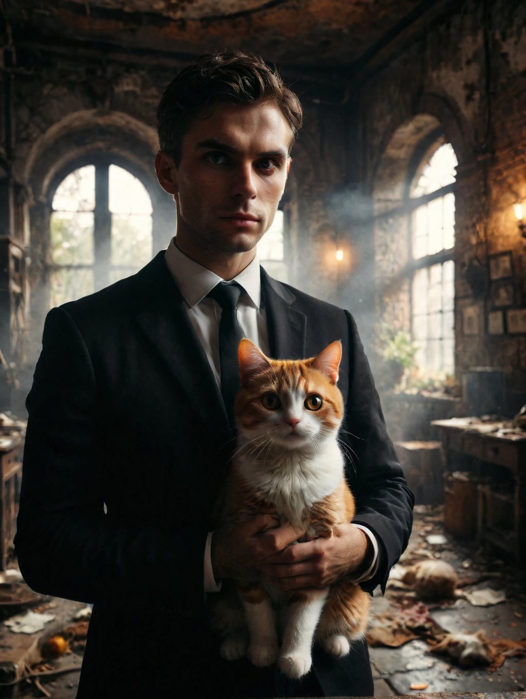 Cinematic lighting,bright natural light,Create an image of an individual in a Black suit uniform and black tie, holding an orange and white cat with big eyes. capturing the essence of elegance and companionship between individual and pet.
photo realism, DSLR, 8k uhd, hdr, ultra-detailed, high quality, high contrast (Masterpiece, award-winning work) many details, extremely meticulous, high quality, real photo shot, art composition,more detail XL
