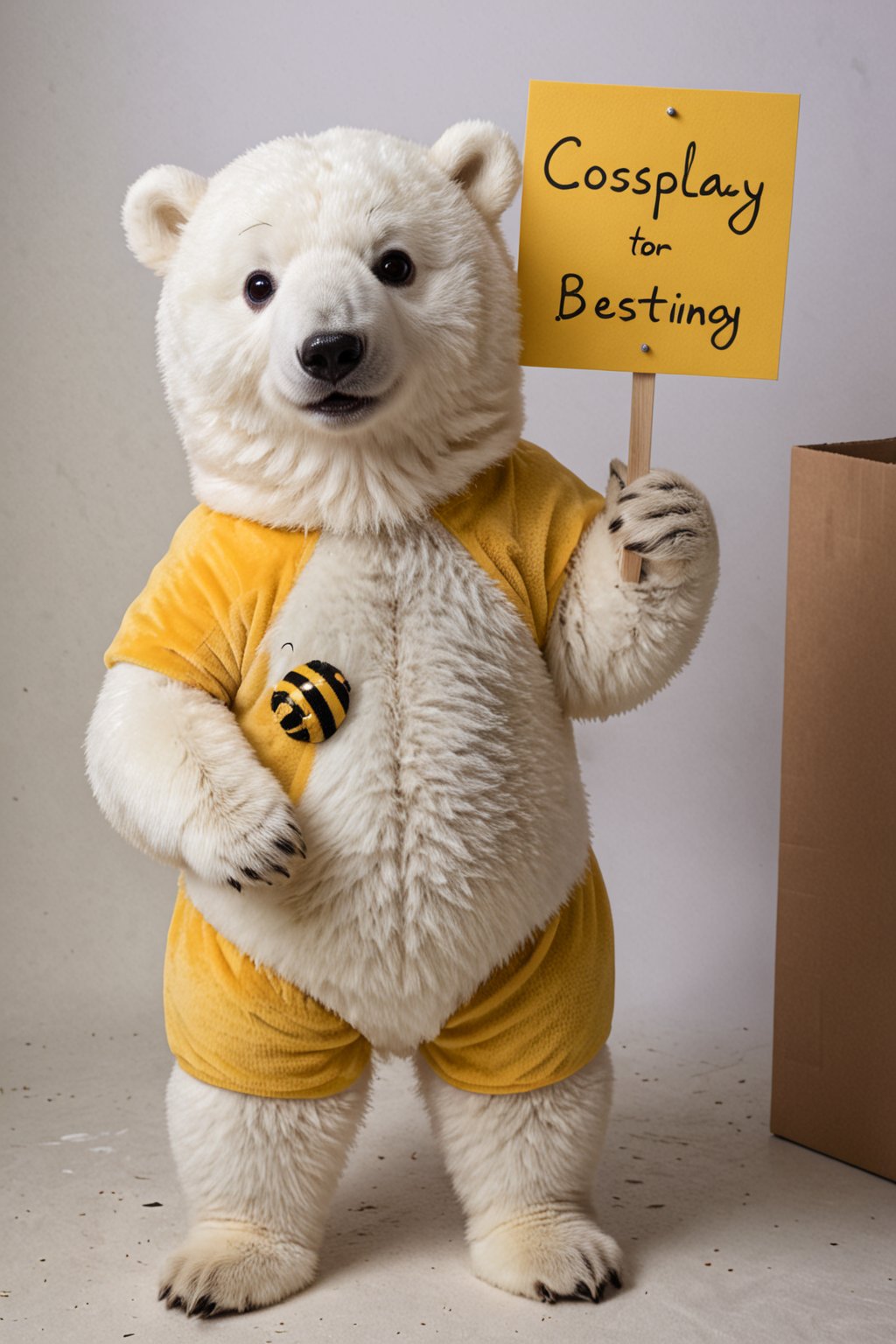 Film lighting,A cute polar bear cub,  in comically ill fitting bee-costume-, (holding sign with text ), in the style of, meticulous details, ultimate photo-realistic, (holding sign that reads "cosplay BEE" ), 32k, Photo realism, Hyper-realistic, analog style, realistic, film photography, 
 (Masterpiece, award-winning work) many details, extremely meticulous, high quality,  real photo shot, art composition,more detail XL,,,<lora:659095807385103906:1.0>