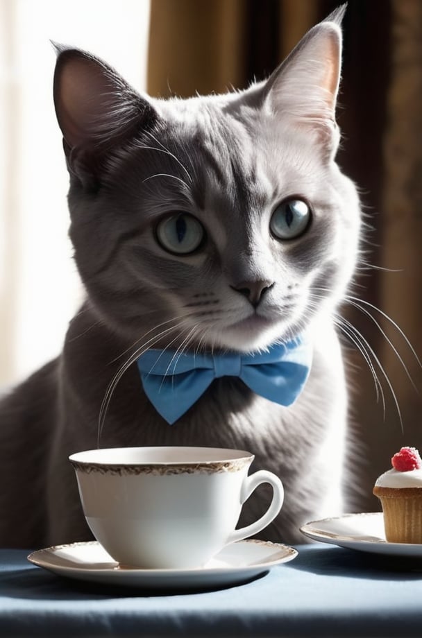 Realistic photograph of a cat ，Extremely realistic, high-definition, real cat,A cute big-eyed cat is  Having afternoon tea dressed as Alice in Wonderland， mysterious space.Add more details XL, david teniers the younger, charming character illustrations, use of screen tones, 32k, subsurface scattering, Photo realism, Hyper-realistic, analog style, realistic, film photography, soft lighting, heavy shadow