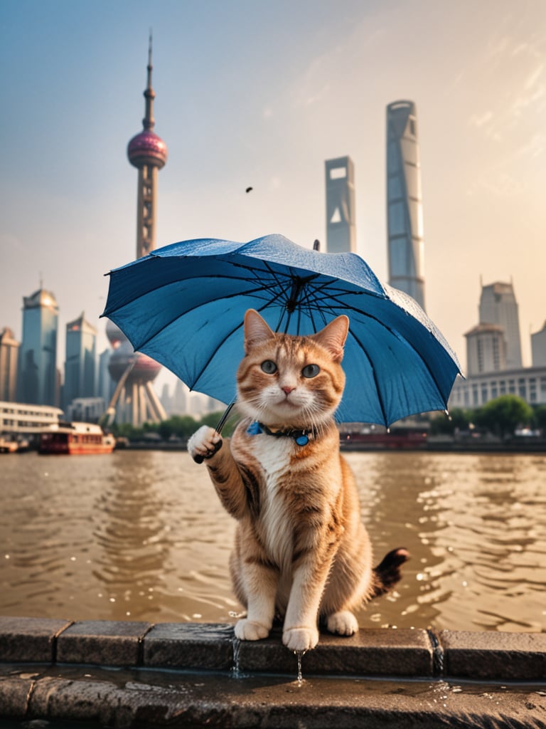 Long shot of character, movie style, cinematic lighting,A cat holds an umbrella in its hand and swims in the river. In the background is the Shanghai Bund with landmarks such as the Oriental Pearl Tower.
 (Masterpiece, award-winning work) many details, extremely meticulous, high quality,  real photo shot, art composition,more detail XL,
,<lora:659095807385103906:1.0>