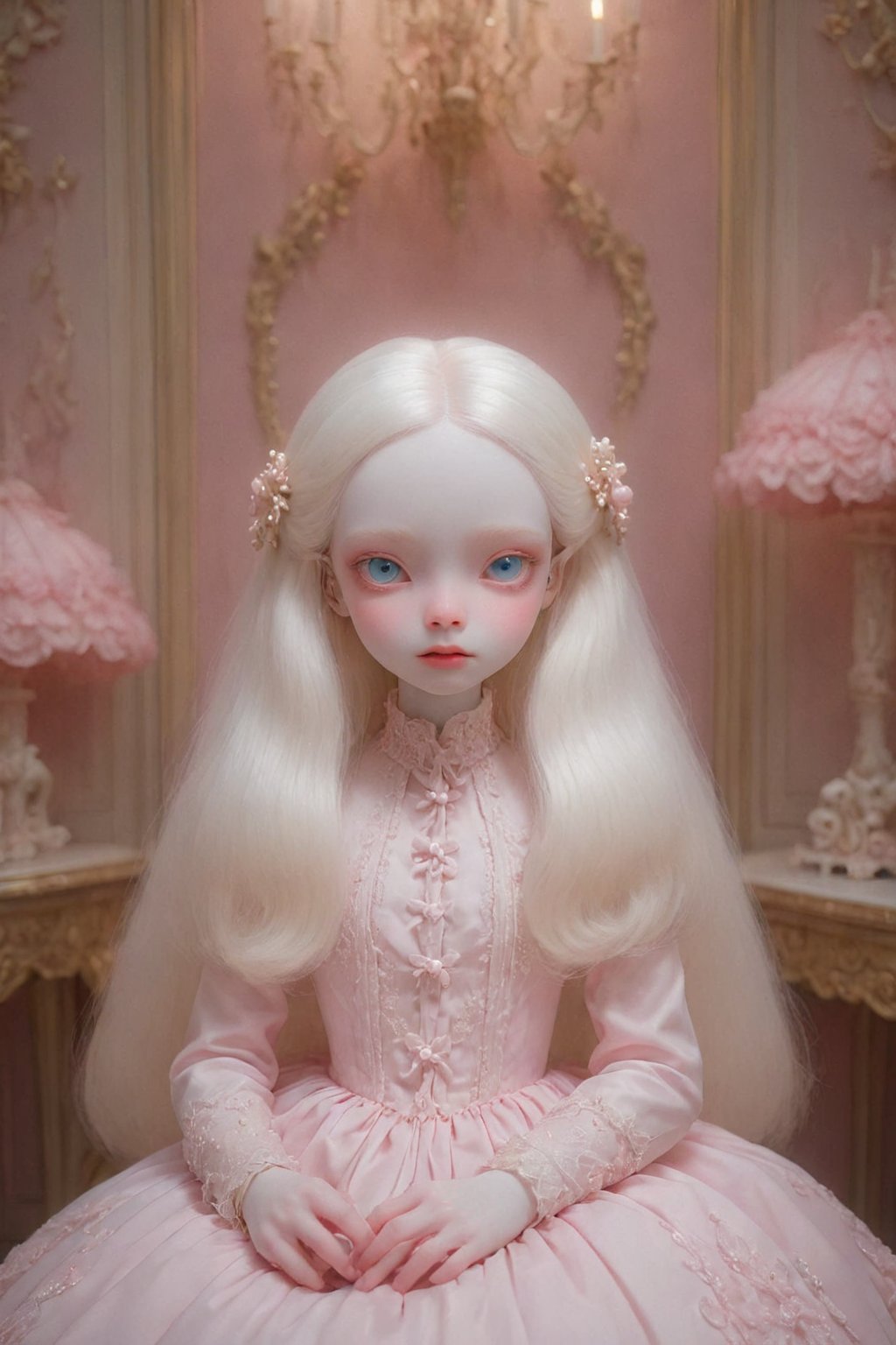 (white porcelain)  a doll , long blonde hair, blue eyes,  haunting lighting effect, detailed, cinematic, atmospheric, digital painting, character design by Jasmine Becket-Griffith and Mark Ryden, 4k resolution, (pale albino skin:1.4), (glass skin textures),  dressed in pink, sits in an indoor environment filled with pink tones. Her clothing design has a retro elementhe , and the overall atmosphere is elegant and dreamy. The main color of the environment is pink