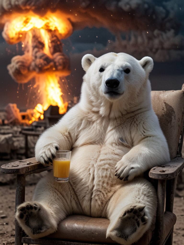 a cute polar bear cub sitting on a chair.,  holding a drink in hand,  infront of a nuclear mushroom cloud in the far by us...