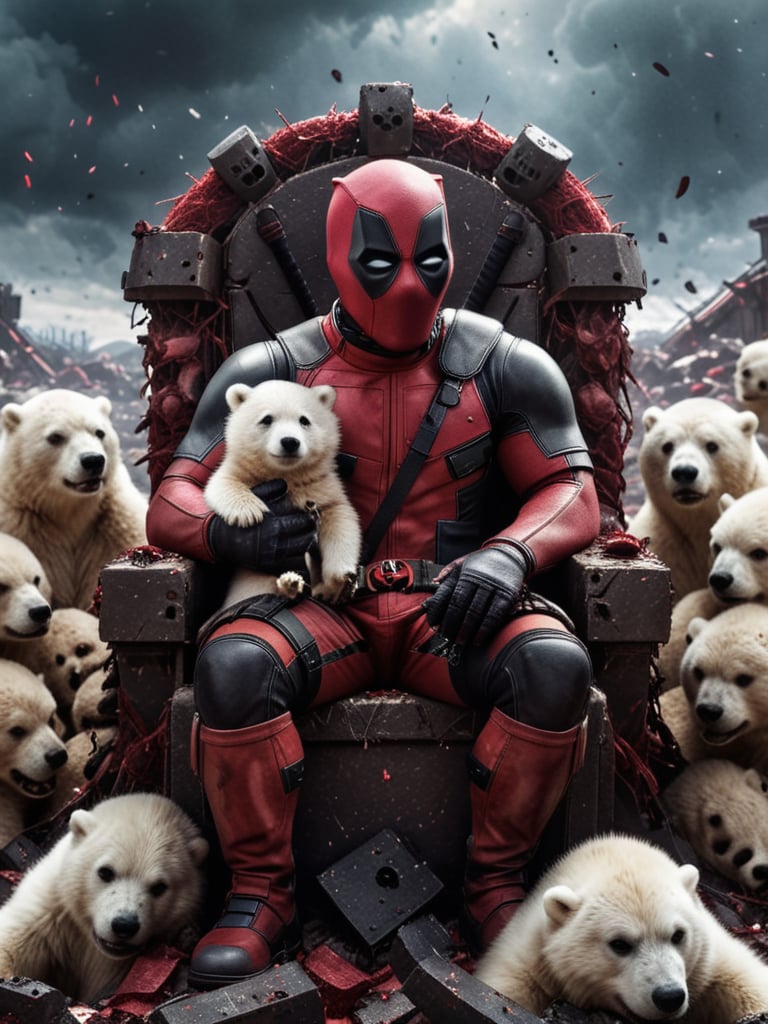 cinematic lighting, realistic, A legendary shot of Deadpool in a dark and gritty setting. He is sitting on a throne of skulls, surrounded by the detritus of battle.  A cute polar bear cub is in his arm,the pose is dynamic and engaging, with Deadpool looking directly at the viewer. The colors are vibrant and saturated, with a strong emphasis on red and black. The level of detail is incredible, with every skull and every piece of armor rendered in stunning realism. The image has been post-processed to add even more detail and atmosphere. The overall effect is one of ultra-realism and cinematic quality.
 (Masterpiece, award-winning work) many details, extremely meticulous, high quality,  real photo shot, art composition,more detail XL,,,,,,,,,,<lora:659095807385103906:1.0>