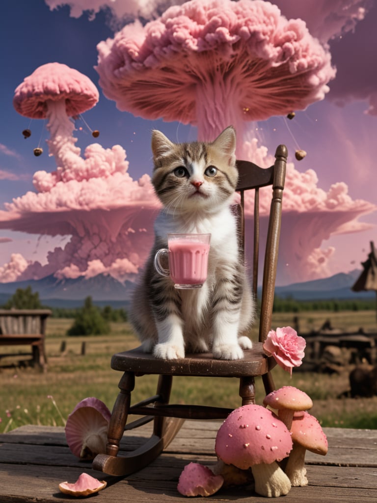 Film lighting,  A cute kitten sits on an old-fashioned wooden rocking chair,  leisurely holding a cup of pink drink. Behin...