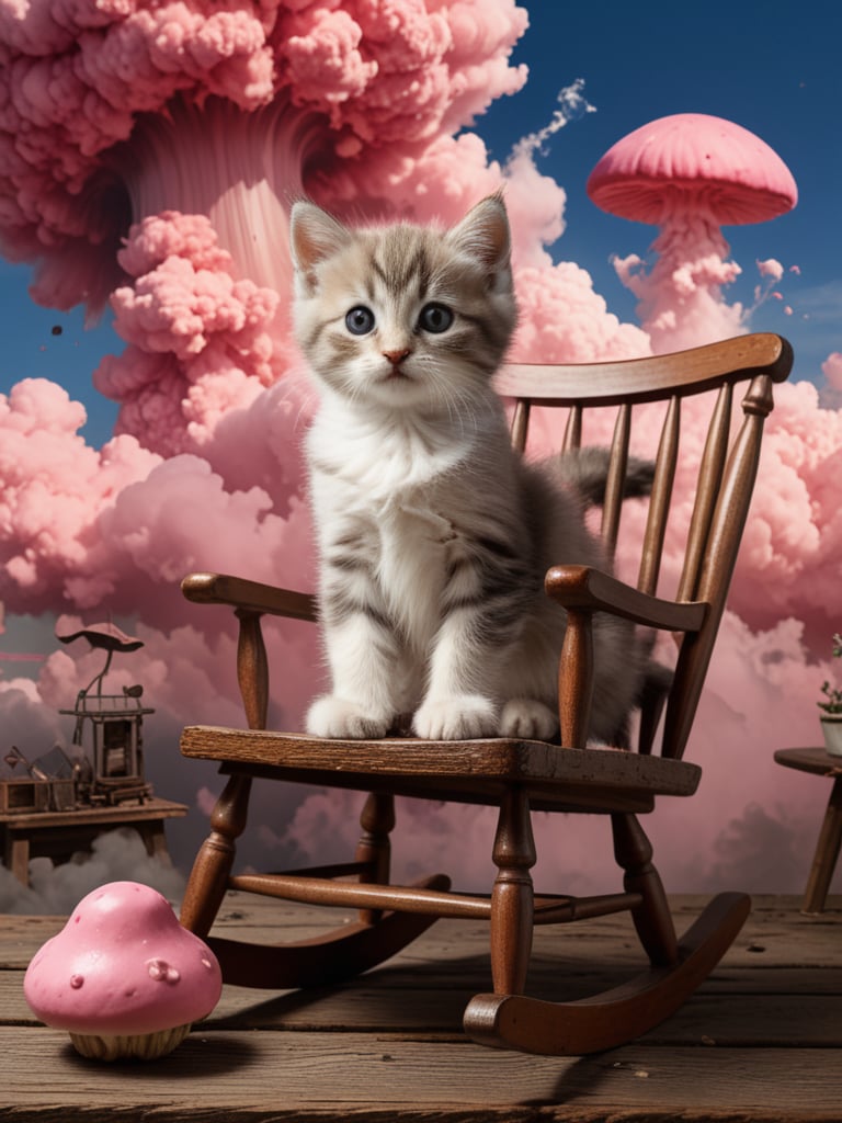 Film lighting,  A cute kitten sits on an old-fashioned wooden rocking chair,  holding a cup of pink drink. Behind the cat...
