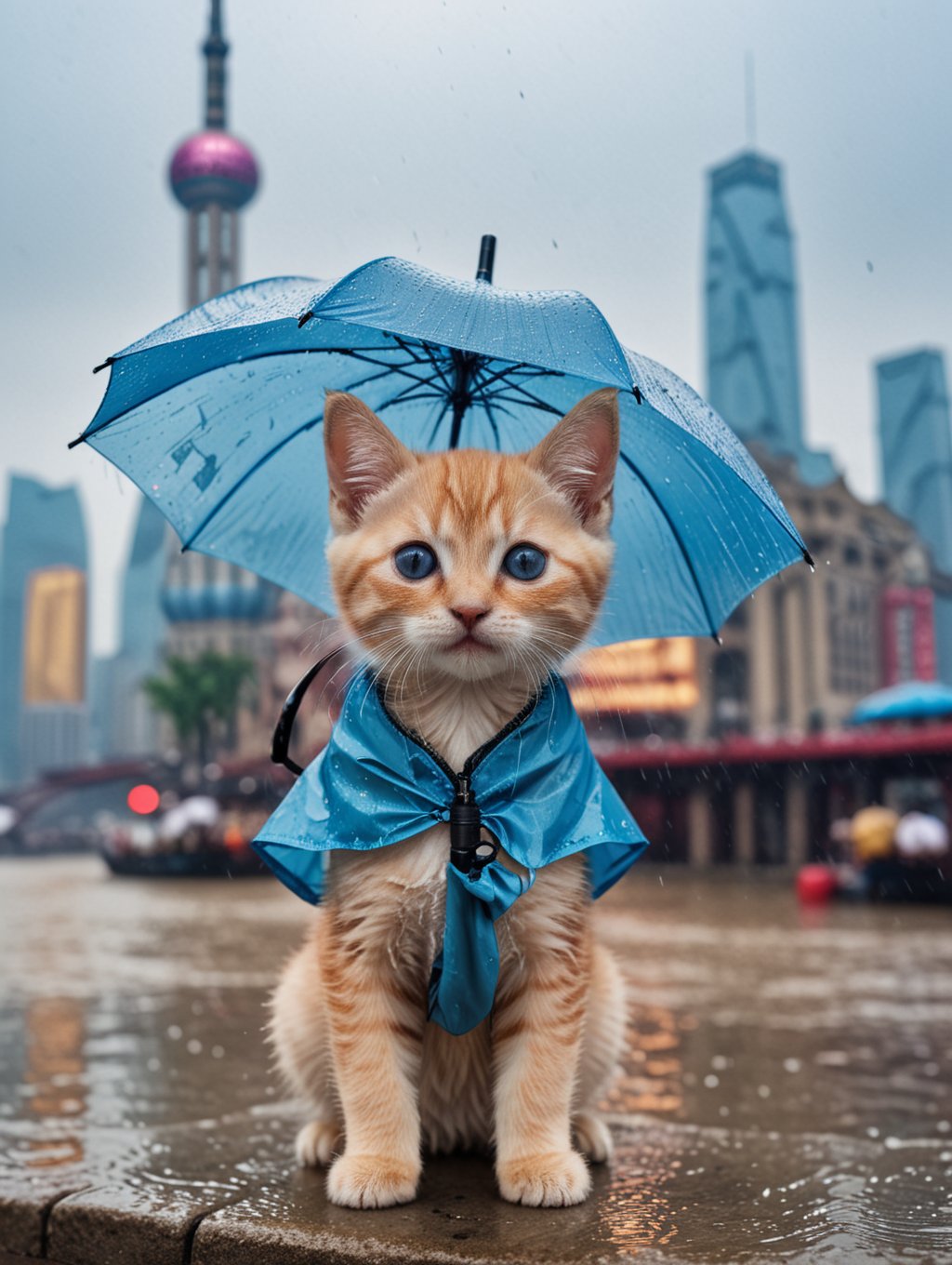 Long shot of character, movie style, cinematic lighting,A cute kitten, a  transparent umbrella in hand,Half body in blue river. In the background is the Shanghai Bund with landmarks such as the Oriental Pearl Tower.rainy day,
 (Masterpiece, award-winning work) many details, extremely meticulous, high quality,  real photo shot, art composition,more detail XL,
,,,<lora:659095807385103906:1.0>