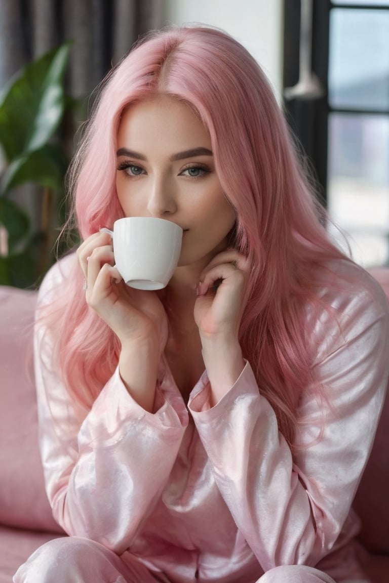 A girl with long straight light pink hair covering her face, sits on a pink sofa in the living room, drinks coffee and eats breakfast, wearing powder pink pajamas, lips painted with delicate lip gloss, beautiful face, small straight graceful nose, blue eyes, pink cheeks on her,  it's sad, there's a big window in the background