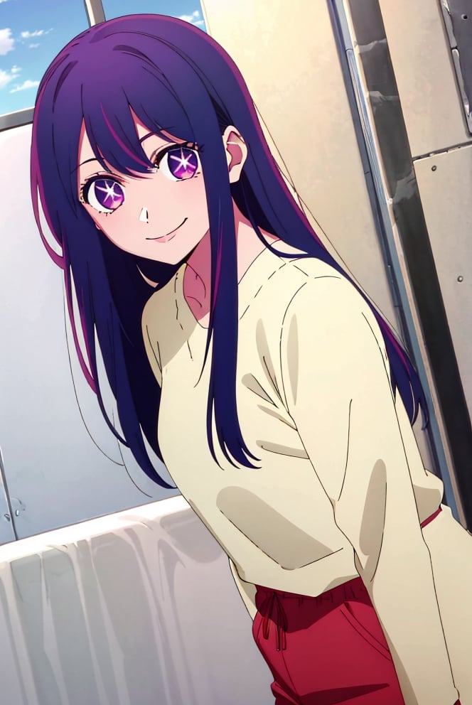 A girl, Ai Hoshino, alone, purple hair, long hair, 6-point star pupils, purple eyes, idol, standing, smiling, looking at viewer,