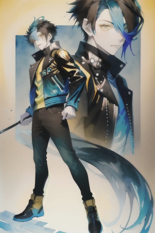 A cool boy, (( black-blue-Gradient-hair)),  (light_brown-yellow_eyes), full-body, black tight leather jacket , multiple views of the same character,gemstone,watercolor (medium)