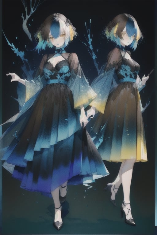 A cool girl, (( black-blue-Gradient-hair)),  (light_brown-yellow_eyes), full-body, black night dress, multiple views of the same character,gemstone,watercolor (medium)