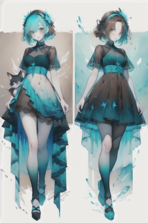 A cute girl, ( black-cyan-blue-Gradient-hair),  ((light_brown_eyes)), full-body, black night dress, multiple views of the same character,gemstone,watercolor (medium)