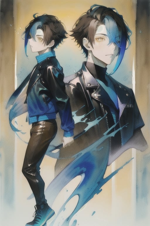 A cool boy, (( black-blue-Gradient-hair)),  (light_brown-yellow_eyes), full-body, black tight leather jacket , multiple views of the same character,gemstone,watercolor (medium)