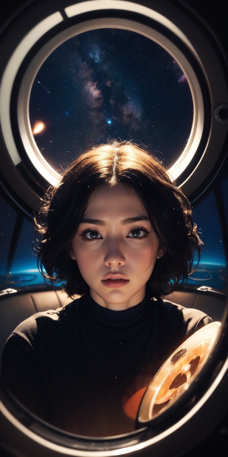 A lone astronaut with a shaved head and a serene expression, her dark skin glowing in the soft light of the spaceship. Her awe-filled eyes gaze out of the porthole, taking in the breathtaking vista of swirling nebulas and distant stars. The vastness of space stretches before her, filled with infinite possibilities.
 
