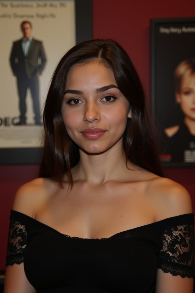  A young woman stands confidently against a movie poster backdrop, her gaze directed straight at the camera, exuding an air of confidence and allure, She wears a black top with a lace pattern, her features softly highlighted by even lighting, Off-center placement draws the viewer's eye towards her, while a subtle hint of a man in the background adds depth to the scene, The movie poster suggests a possible movie theater setting, 