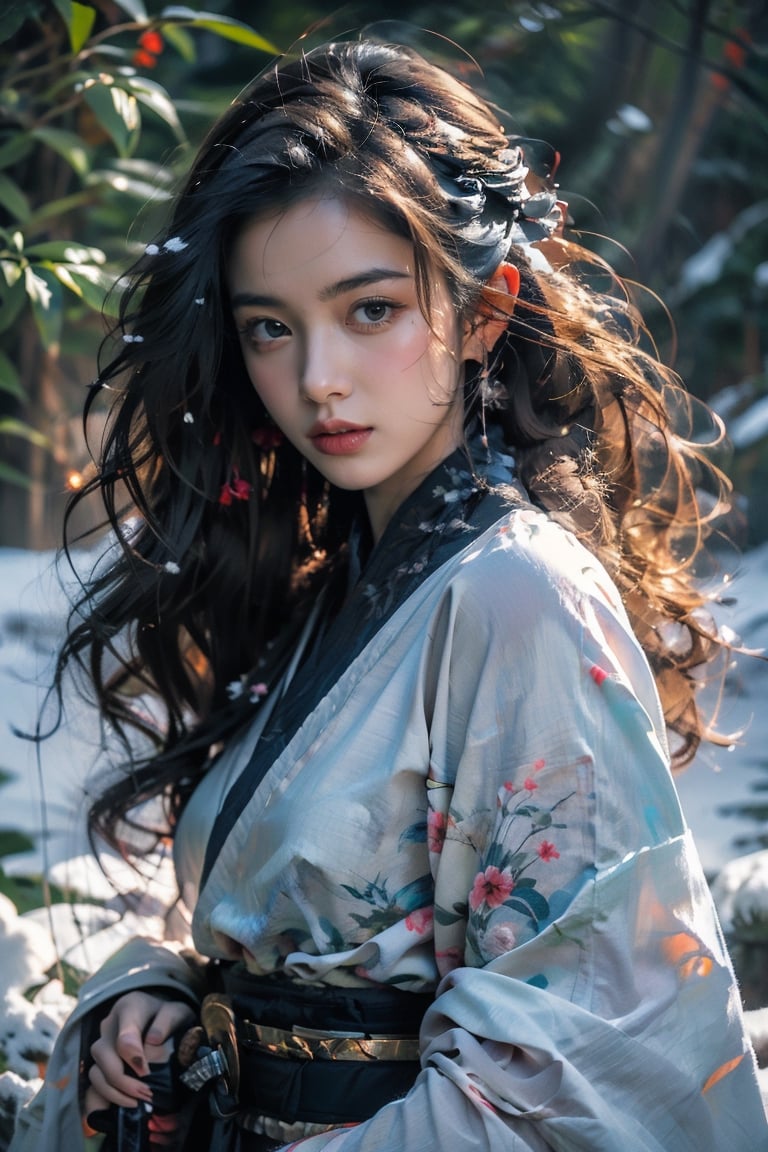 1girl,Sweet,Kawaii,Looks at viewerlarge breasts,The background is winter,snowy garden, Female Samurai, Holding a Japanese Sword, shining bracelet,beautiful hanfu, beautiful and detailed eyes}, calm expression, natural and soft light, delicate facial features,Best Quality, photorealistic, ultra-detailed, finely detailed, high resolution, perfect dynamic composition, beautiful detailed eyes, Japanese Samurai Sword (Katana),BJ_Oil_painting