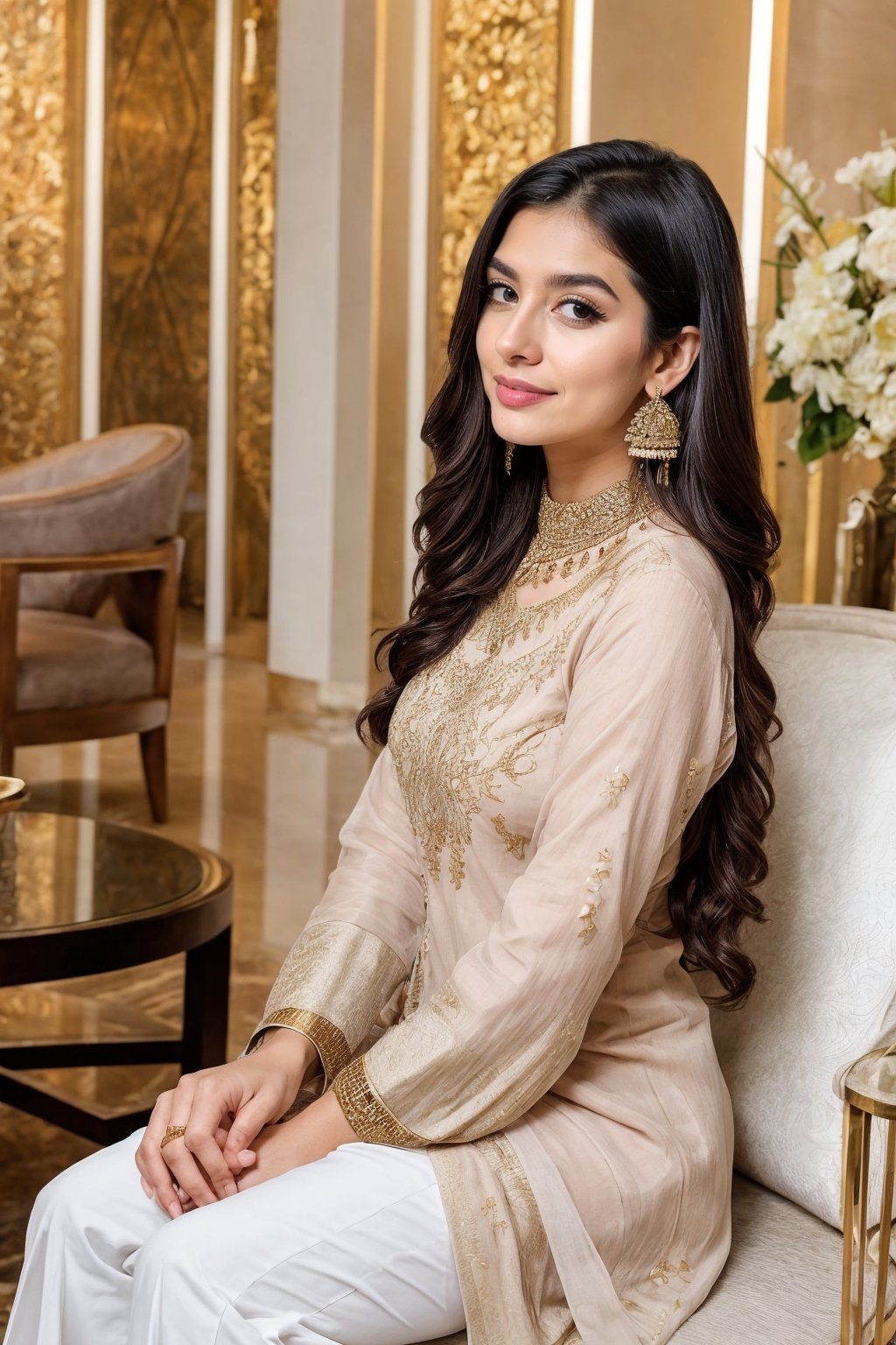 beautiful cute young attractive girl indian, teenage girl, village girl,18 year old,cute, instagram model,long black hair . Envision a Pakistani girl in a beautiful white shalwar kameez, seated elegantly in a luxurious hotel lounge, her chest subtly emphasized, exuding confidence and grace, adorned with exquisite jewelry including dangling earrings, Paperwork, intricate paper cutting with layered textures and delicate patterns, --ar 16:9 --v 5