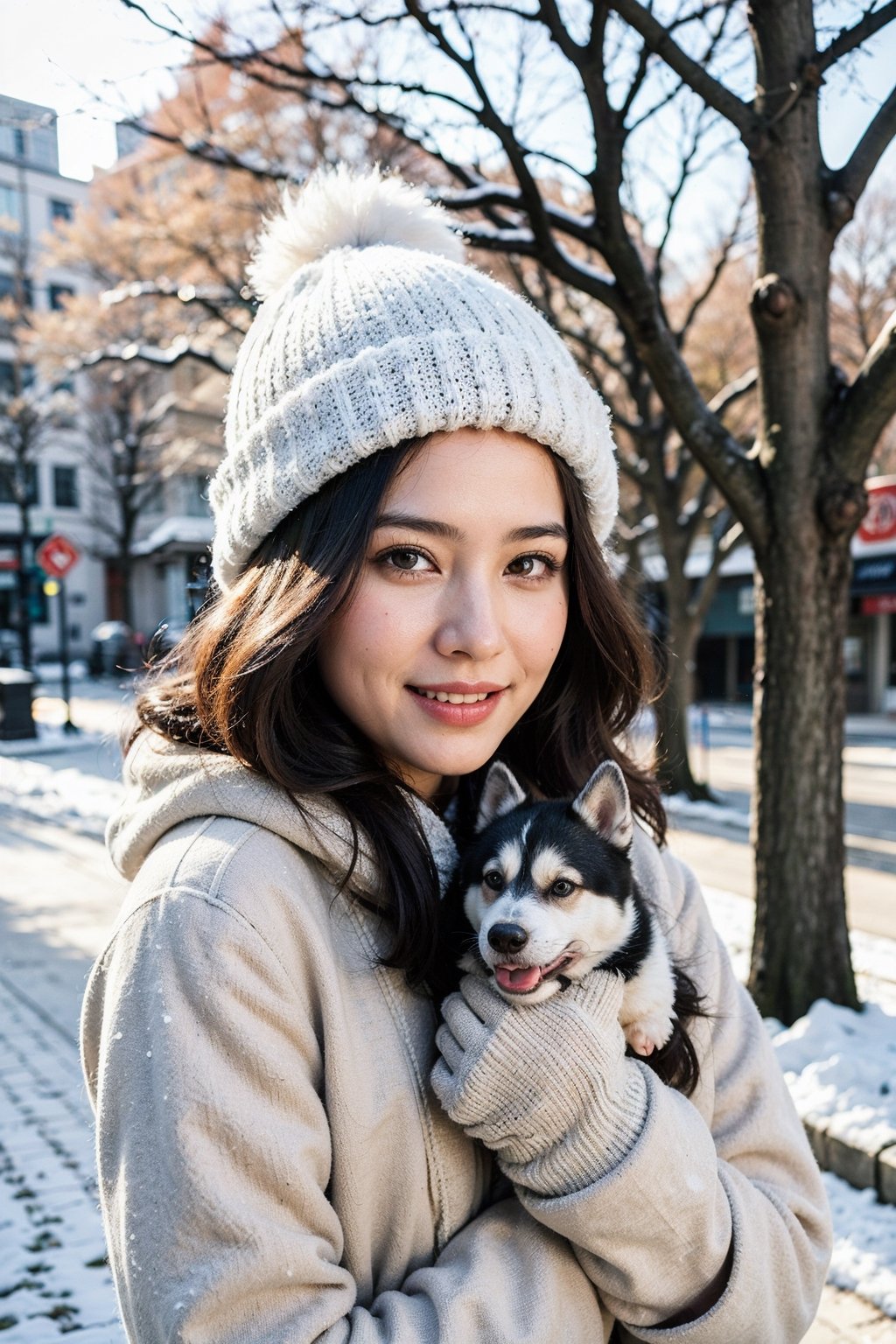 smile,beautiful woman,heavy winter coat,a woolly hat,gloves,holding a snow-white husky,whose fur gleams pristine in the winter sunlight,The woman's demeanor exudes gentleness and affection,a serene winter street,trees lining the sides covered in white snow,warmth and happiness,photo r3alm,Extremely Realistic