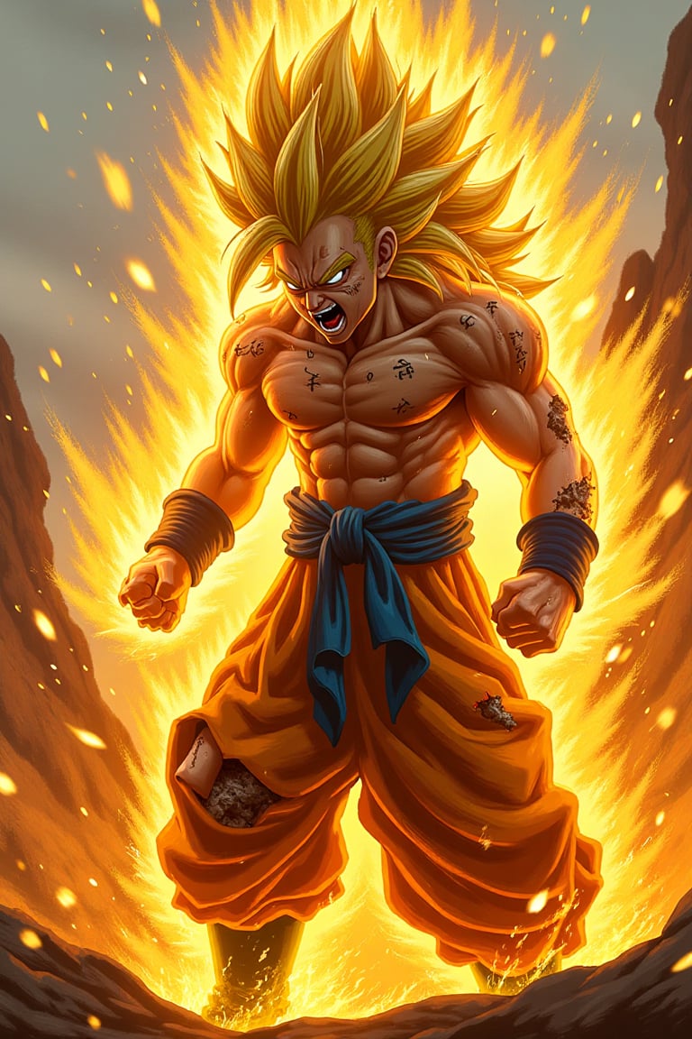 Dbz: Goku like character, extra long yellow hair, fighting at war, extrame rage, berserk, screaming, charging his massive energy around him, injured and dirty, ripped clothes, serious mood, character design, body is adorned with glowing yellow runes, orange and yellow aura around him fire like, moutains desert background ,body dynamic epic action pose, in the style of futuristic glamour, symetrical composition, redshift, energy-filled illustrations, dc comics, spectacular backdrops, jagged edges,