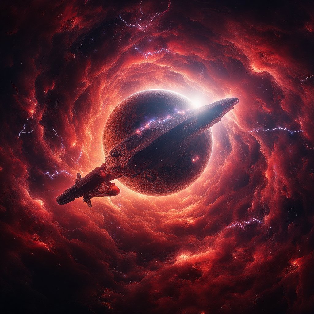 Panoramic shot of a colossal space vessel hovering above the crimson planet's atmosphere, amidst a swirling vortex of cosmic energy. Nebula clouds undulate in the background, illuminated by strobing lightning bolts that crackle with electric intensity. The ship's imposing silhouette is set against a canvas of turbulent waves and stardust, as if suspended within a celestial maelstrom.,noc-space