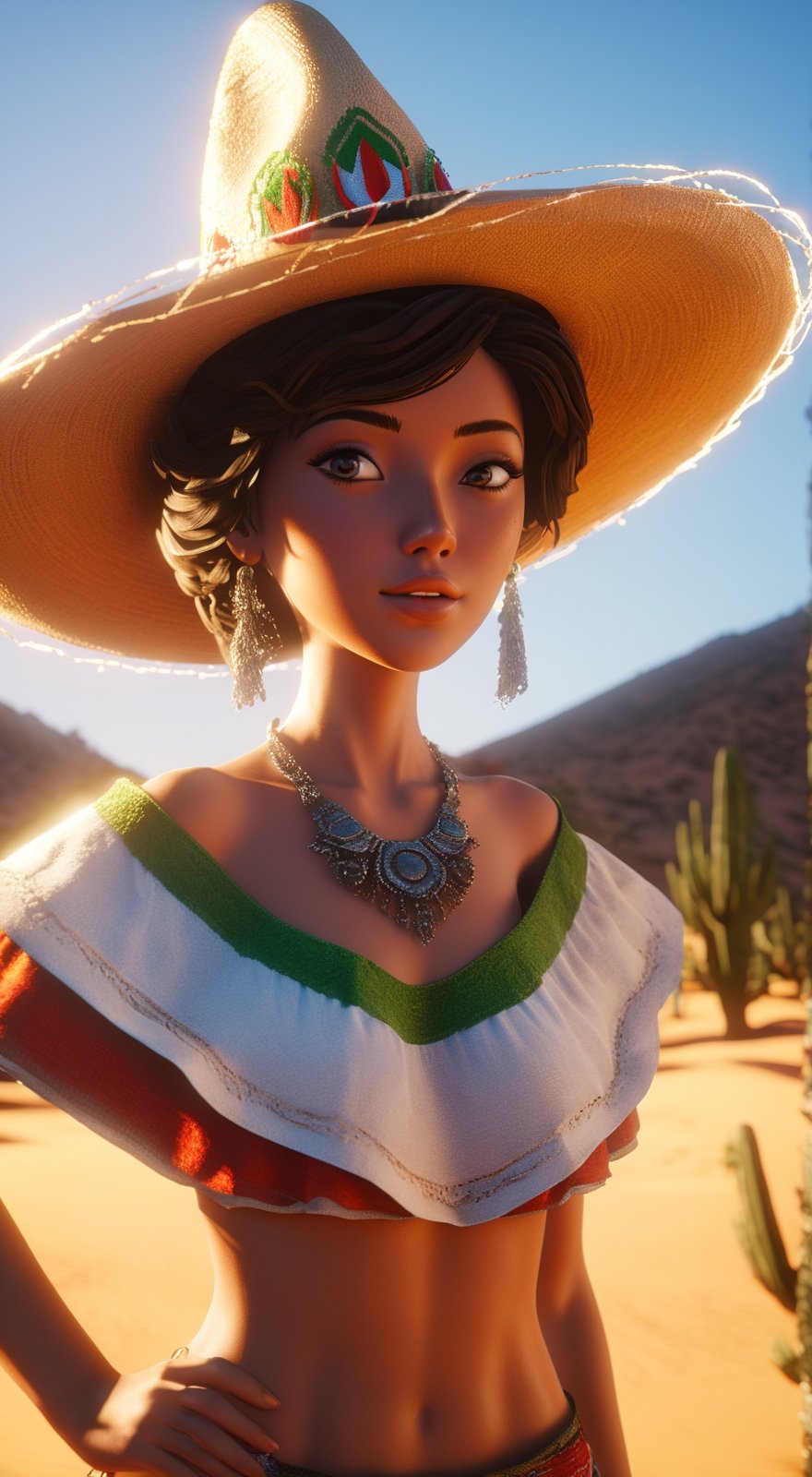 mexico, pepper party, hat, desert, beautiful sunlight, amazing details, unreal engine 5, ultra HD, 8k, intricate, masterpiece, manga