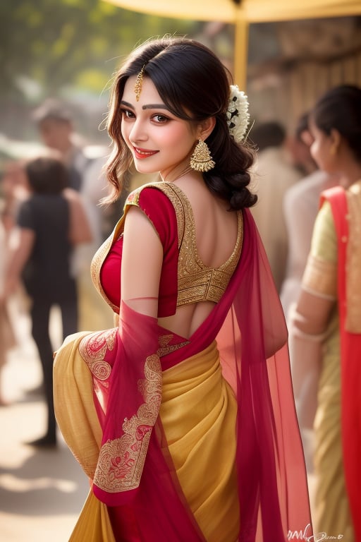 Sun-dappled light dances through vibrant silks,  illuminating the captivating smile of a South Asian woman. Dressed in a c...