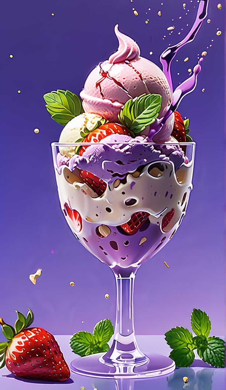 Strawberry Vanilla Ice Cream, in a stylish modern glass, ice cubes, nuts, mint leaves, splashing milk cream, in a gradient purple background, fluid motion, dynamic movement, cinematic lighting, Mysterious, golden ratio, fake detail, trending pixiv fanbox, acrylic palette knife, style of makoto shinkai studio ghibli genshin impact james gilleard greg rutkowski chiho aoshima