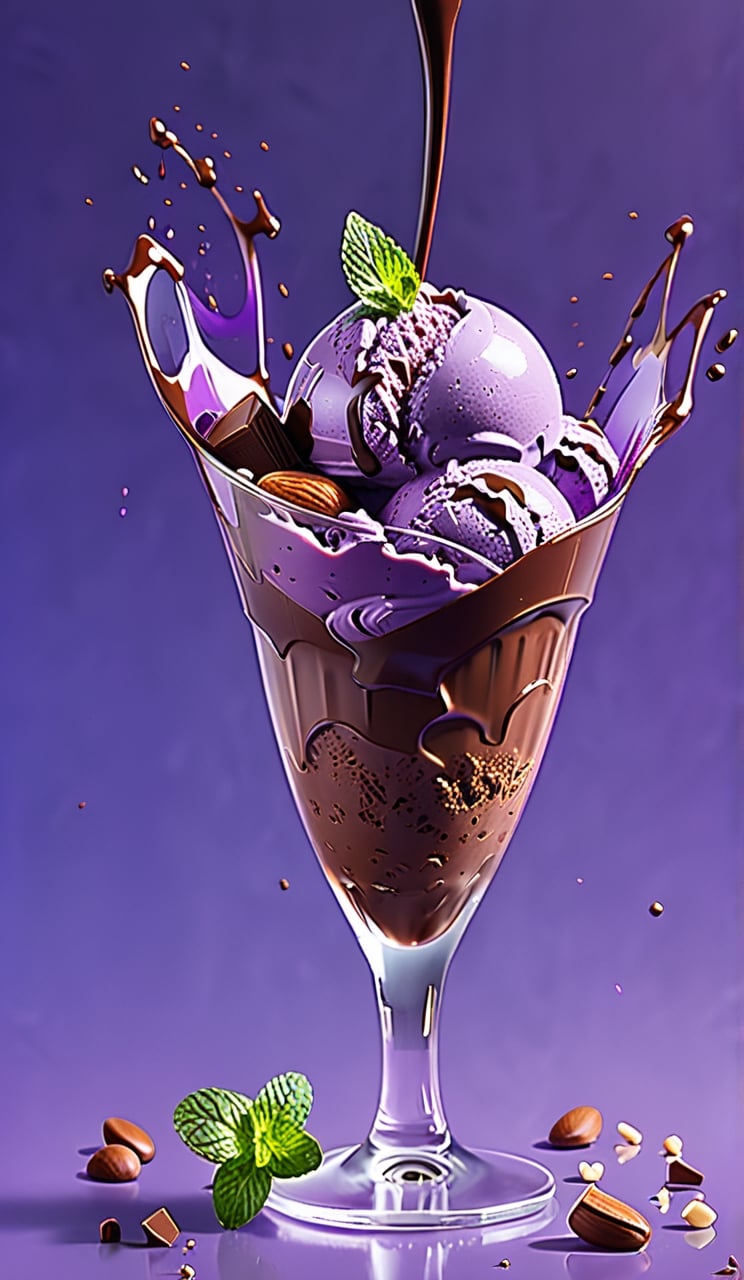 chocolate ice cream, in a stylish modern glass, ice cubes, nuts, mint leaves, splashing milk cream, in a gradient purple background, fluid motion, dynamic movement, cinematic lighting, Mysterious, golden ratio, fake detail, trending pixiv fanbox, acrylic palette knife, style of makoto shinkai studio ghibli genshin impact james gilleard greg rutkowski chiho aoshima