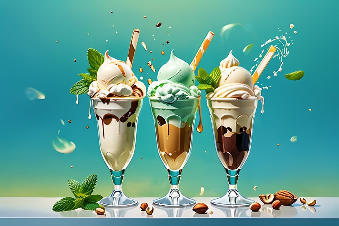 Various flavors of ice cream, in a stylish modern glass, ice cubes, nuts, mint leaves, splashing milk cream, in a gradient background, fluid motion, dynamic movement, cinematic lighting, Mysterious, golden ratio, fake detail, trending pixiv fanbox, acrylic palette knife, style of makoto shinkai studio ghibli genshin impact james gilleard greg rutkowski chiho aoshima