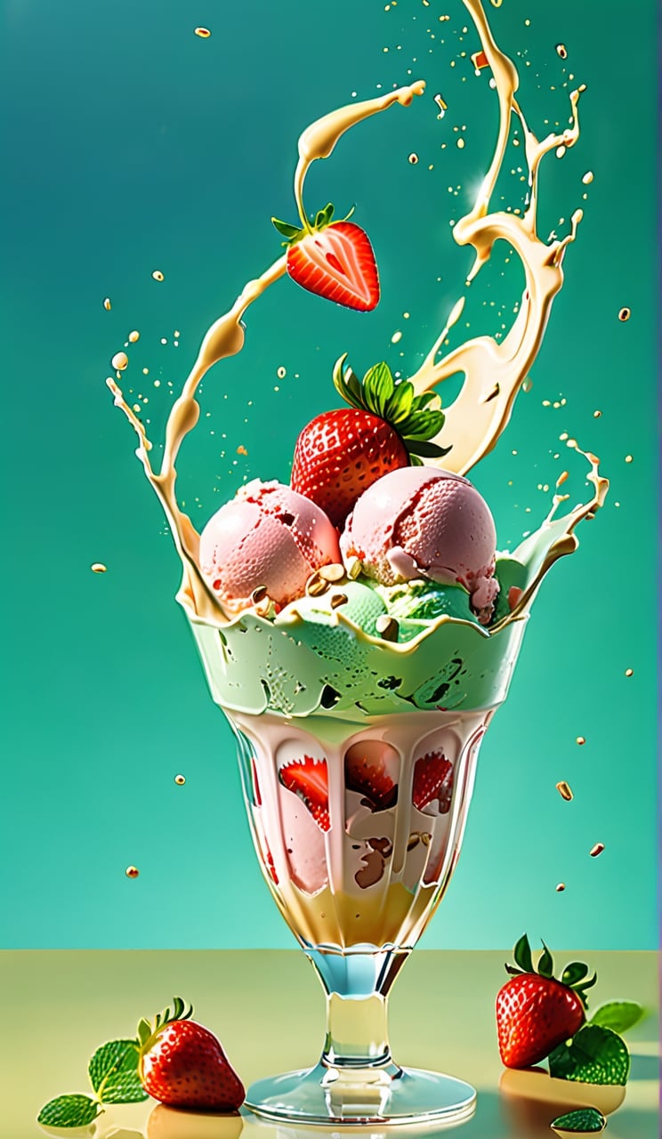 Strawberry Vanilla Ice Cream, in a stylish modern glass, ice cubes, nuts, mint leaves, splashing milk cream, in a gradient background, fluid motion, dynamic movement, cinematic lighting, Mysterious, golden ratio, fake detail, trending pixiv fanbox, acrylic palette knife, style of makoto shinkai studio ghibli genshin impact james gilleard greg rutkowski chiho aoshima