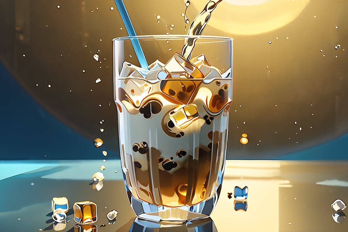 Pearl milk tea , Hand-cranked drink, in a stylish modern glass, ice cubes,  splashing liquid, in a gradient background, fluid motion, dynamic movement, cinematic lighting, Mysterious, golden ratio, fake detail, trending pixiv fanbox, acrylic palette knife, style of makoto shinkai studio ghibli genshin impact james gilleard greg rutkowski chiho aoshima