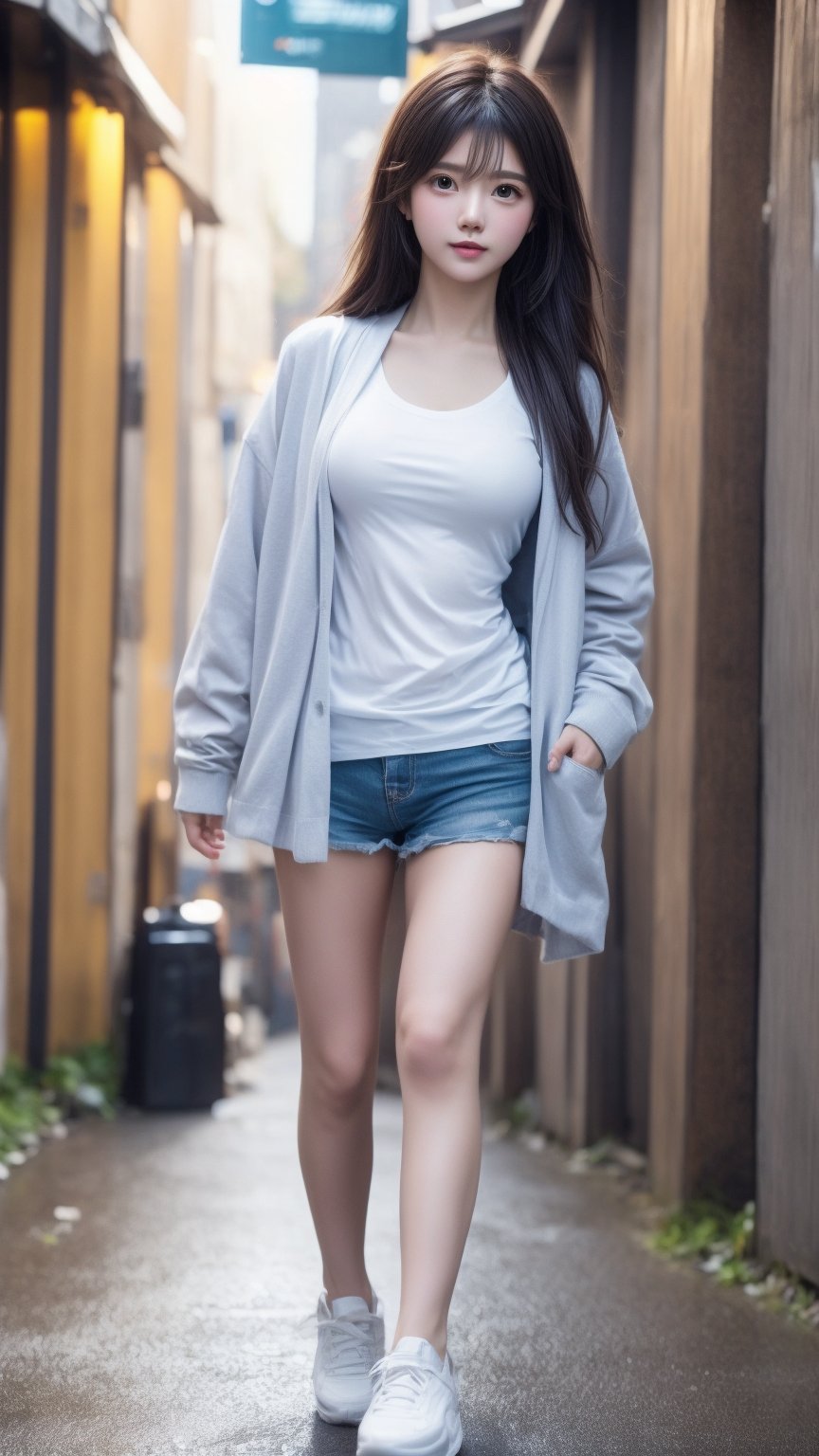 Girl 1, ultra high definition, wind blowing hair, brown eyes, brown hair, delicate facial features, eye smile, {{{masterpiece}}}, {{highest quality}}, high resolution, high detail, natural movements everyday life, idol style Outfit, light purple horizontal striped collar T-shirt, shoes, shorts, summer cardigan, short jacket, skirt, blouse,Manga Background,(((I'll be back)))