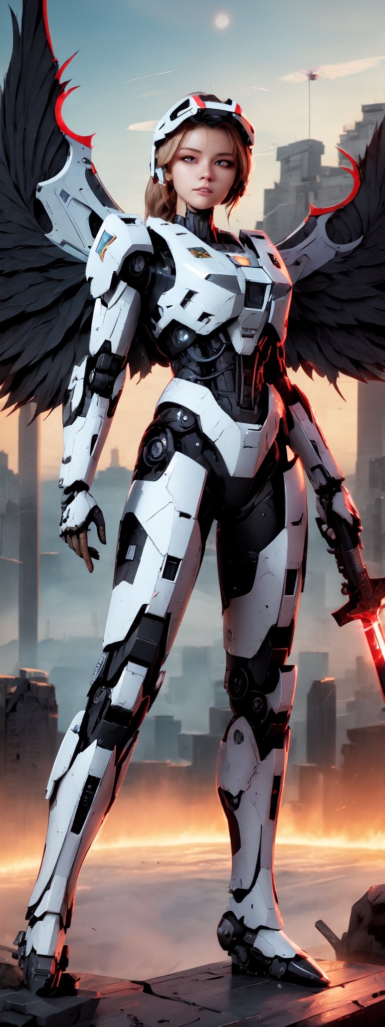 solo, red eyes, holding, weapon, wings, holding weapon, gun, no humans, glowing, halo, robot, building, holding gun, mecha, science fiction, mechanical wings