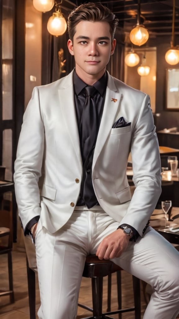 Imagine the following scene:

Realistic photo of a handsome man sitting in an executive chair in a very dark room. He is sitting facing the camera, with his legs open.

The man was wearing a white suit.

The man is from asia, masculine. 25 years old, very light blue eyes, bright and big eyes, full and red lips, blushing, muscular. short and very straight hair, hair falls on both sides with a central line. 

The pose is sensual, sitting, the man is a professional model, he sees the camera sensuously. Full body shot. The shot is wide to capture the details of the scene.

high realism aesthetic photo, RAW photo, 16K, real photo, best quality, high resolution, masterpiece, HD, perfect proportions, perfect hands,allblacksuit