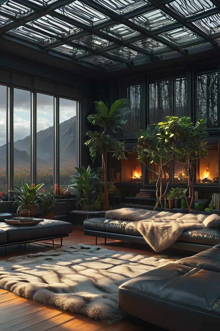 A futuristic POV shot frames a stunning black wireframe of a cozy living room, with a fuzzy background that blends into the atmosphere. Highly detailed and ultra-high resolution (32K UHD), this 3D masterpiece showcases impeccable texture and clarity, as if the viewer is standing right inside the scene.