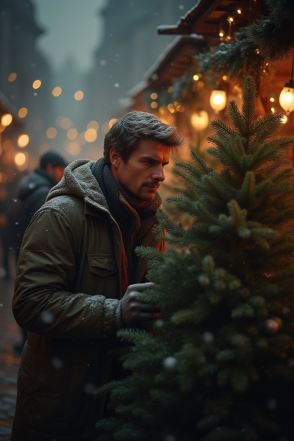 Realistic life-size photograph of a man,  strong and courageous. He buys a Christmas tree at the Christmas market. The man...