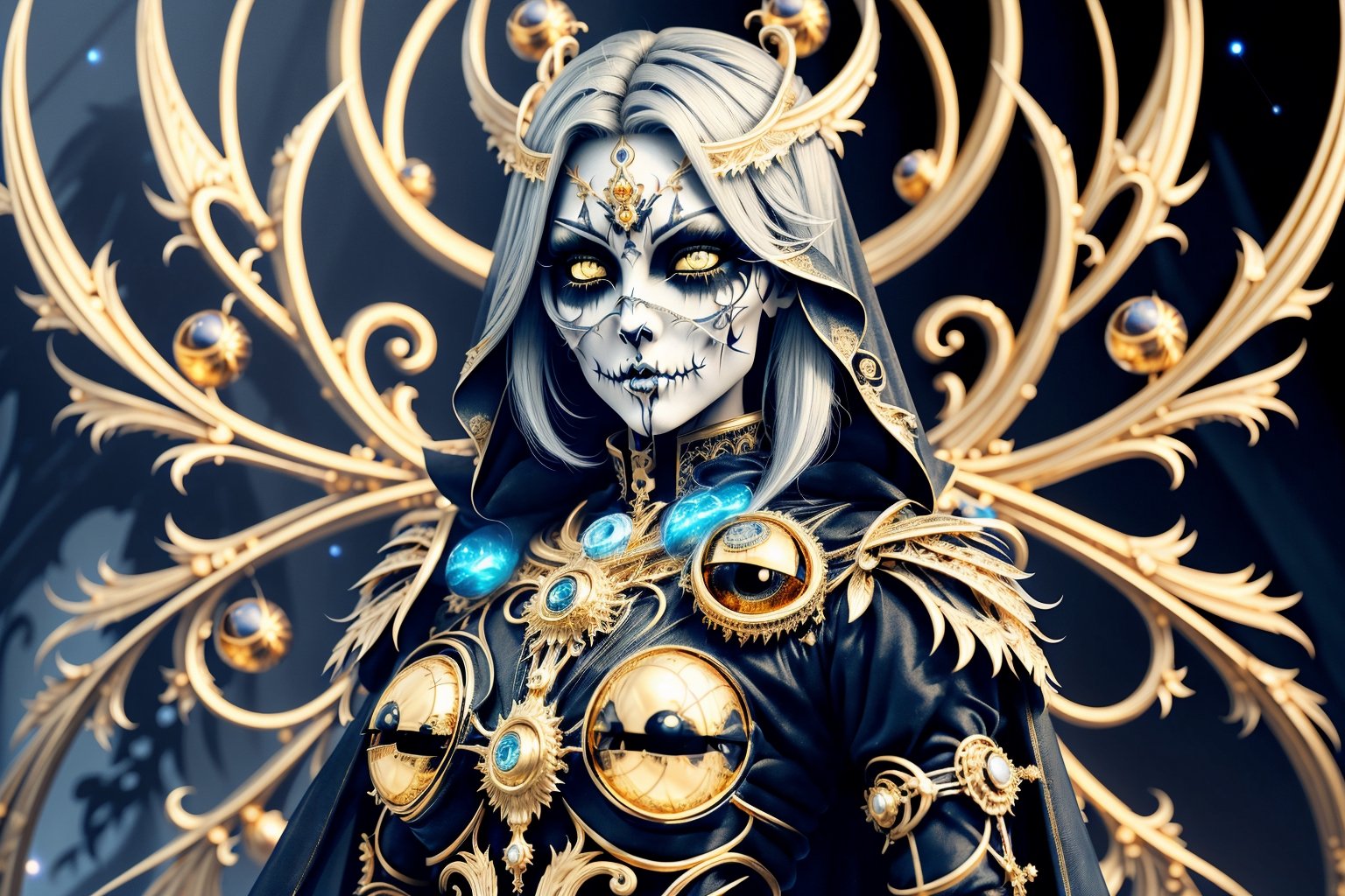 {{{masterpiece}}}, {{{best quality}}}, {{ultra-detailed}}, {illustration}, {{an extremely delicate and beautiful}},(1girl),(((planet))), silver hair, , ((gold eyes)),spread arms,outstretched hand,veil,glowing wings,bored,petite