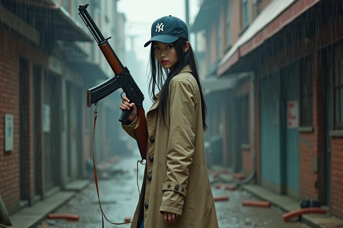 (highly detailed, realistic photo, realistic skin texture), 8K, an American-based beautiful Japanese woman holding a sawed-off shotgun at her waist and looking back, wearing a dirty and torn beige trench coat, a navy Yankees baseball cap, dirty high-top Nike sneakers, in an alley with scattered bricks and debris, with rain falling and wet clothes, with a fascinating and action-packed pose, and a cool composition.Technologically advanced and highly detailed aliens in a post-apocalyptic cityscape.