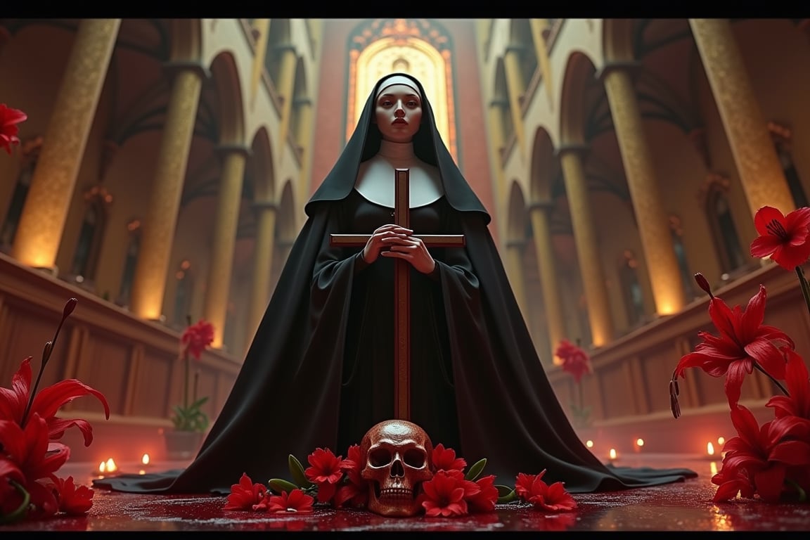 (best quality,4K,8K,high resolution,masterpiece:1.2),Super detailed,(actual,photoactual,photo-actual:1.37),Giant cross：1.37,Spacious church,Beautiful nun,black robe,(meticulously made,Gorgeous) mask,Demons around,skull,bloody,red lily,red chrysanthemum,flame,Light.bloody,blood stains,,flame,Technologically advanced and highly detailed aliens in a post-apocalyptic cityscape.