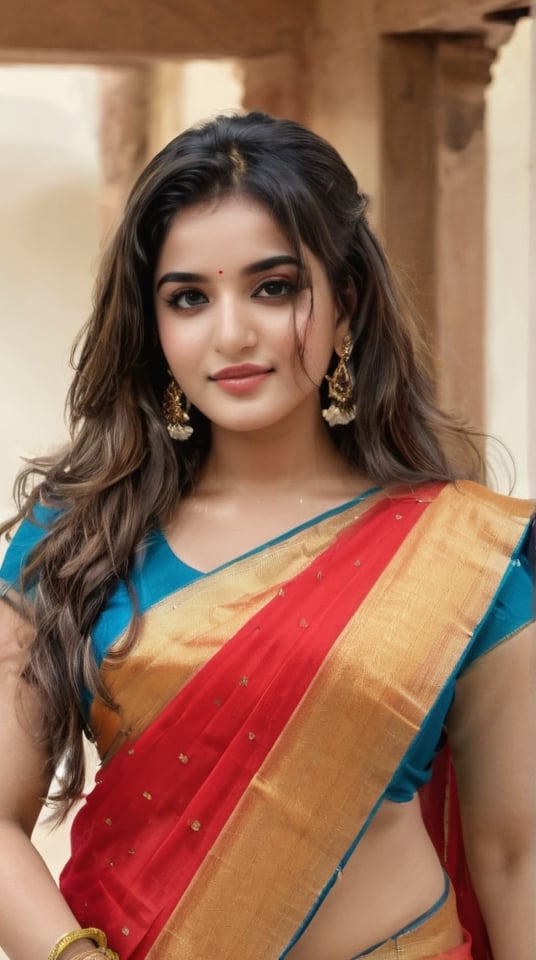 beautiful cute young attractive indian teenage girl, village girl, 23 years old, cute, Instagram model,long black_hair,curvy figure, big boods, clevage,warm,in terrace , indian,girl,Extreme skin detail,photorealis
tic,Indian real girl, Shraddha Kapoor
Look like face shape Anupama Parameswaran, dimond neckless and earring, gold jewelery,light Makeup, tattoo in both hands, Indian traditional dress,(((wearing golden blue saree, golden red blause and flowers in hair ))),((face_round)),(((Full body view))) site in a coffee shop,