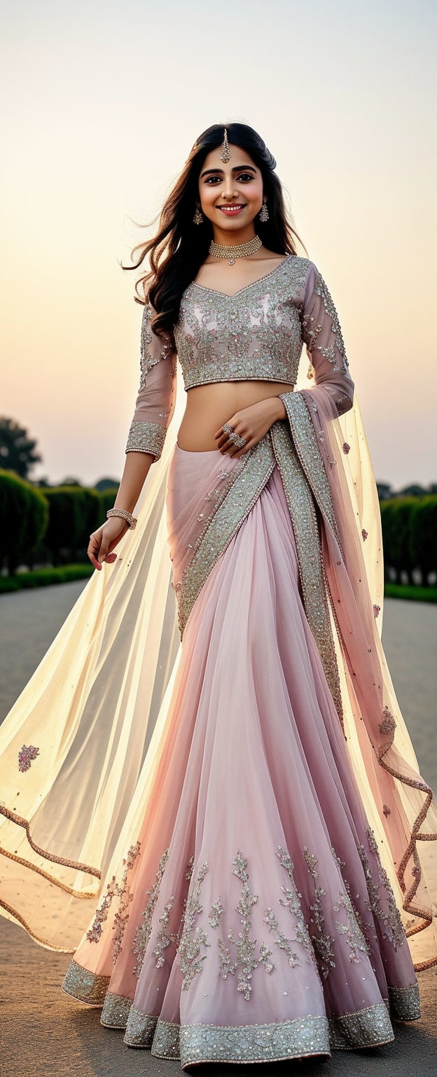 Choose a flowy Anarkali suit in soft pastel hues adorned with delicate embellishments for ethereal beauty,twirl your dupatta against the backdrop of a setting sun, embodying grace and serenity,looking into camera,cute smile,black hair,black eyes