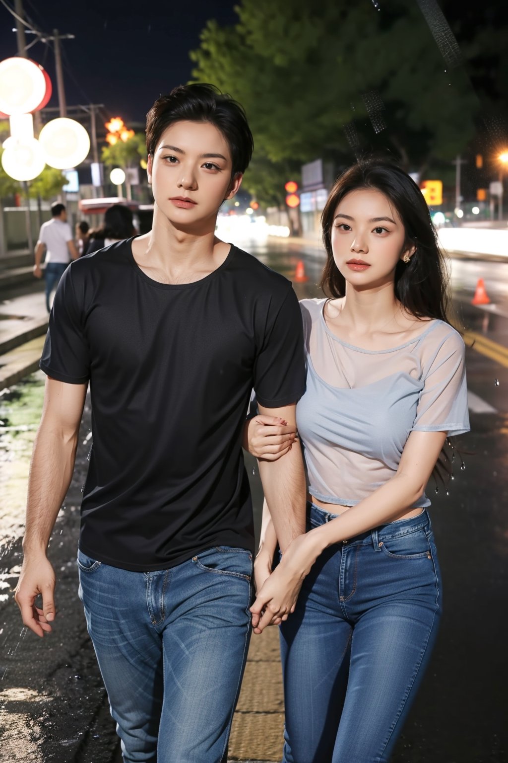 A girl and a boy are walking on the road at mid night, and it is raining, both are wet and thier attaires are weted, girl wearing low cut black blouse and saree (transparent) and boy wearing tshirt and jeans (random color), romantic couple pose