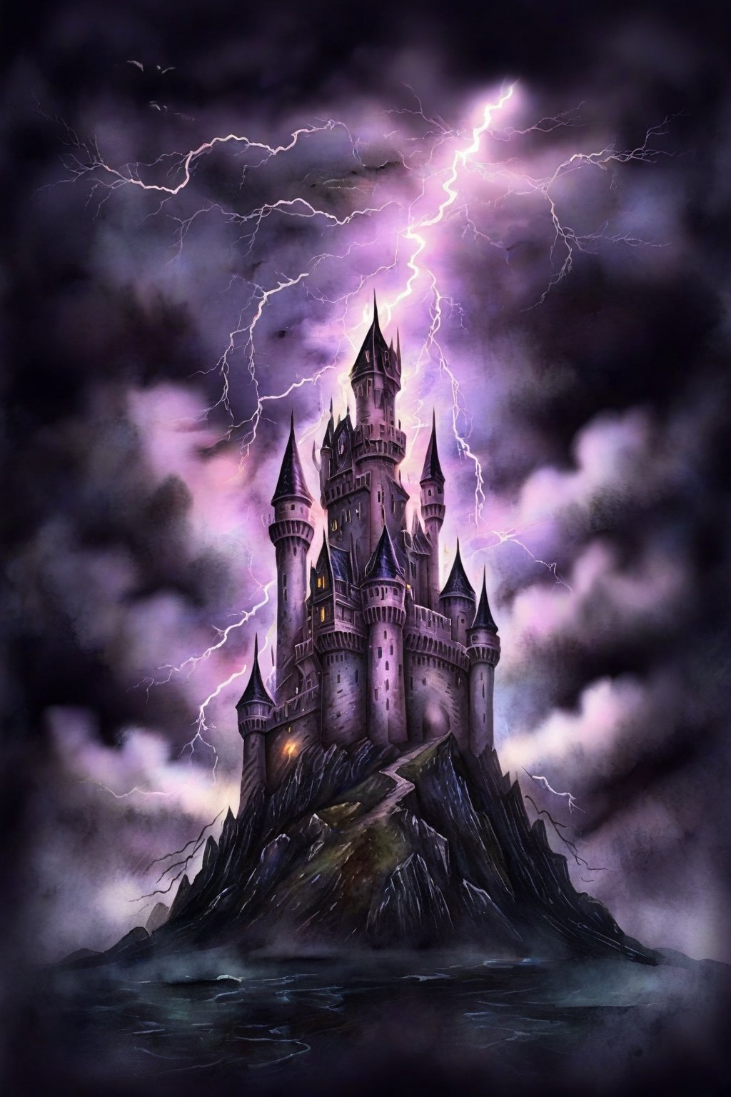 A haunted looking castle on very dark night with lightning in the sky, watercolor painting,LegendDarkFantasy,logo